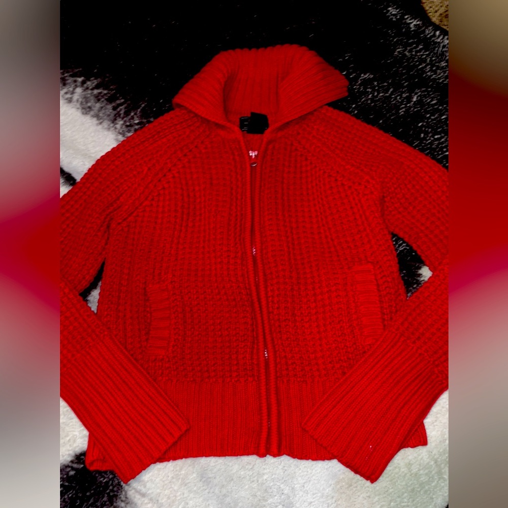 Small Vintage Route 66 Red zip up fold over collar sweater braided cable knot